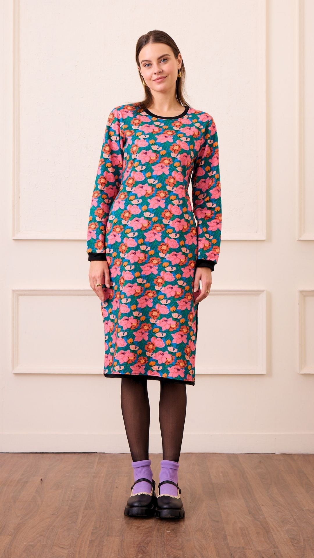 Wild & Pree Cotton Sweater Dress - Wildflower Botanical Print S Wild & Pree Cotton Sweater Dress - Wildflower Botanical Print S