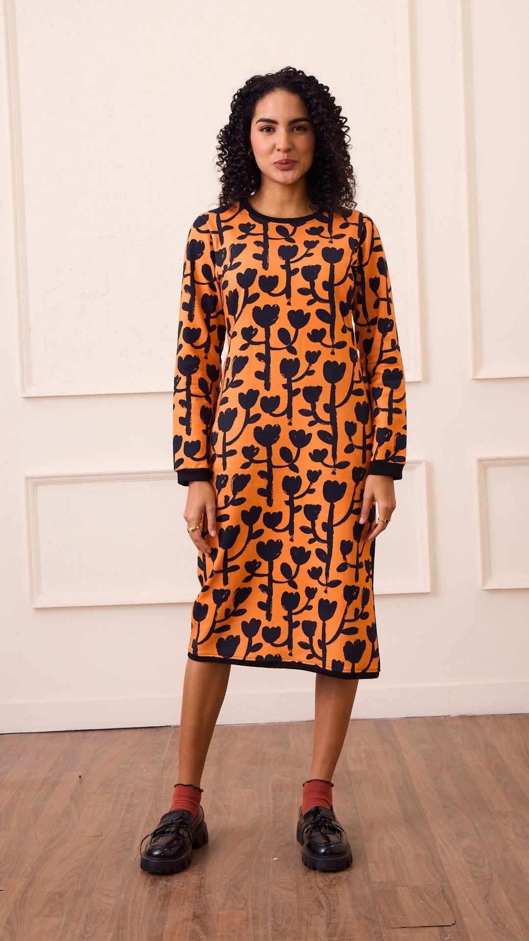 Wild & Pree Cotton Sweater Dress - Black Floral Print - Tulips XXS Wild & Pree Cotton Sweater Dress - Black Floral Print - Tulips XXS
